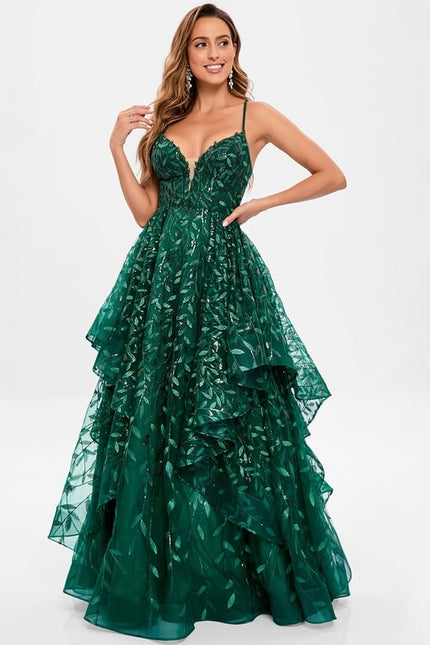 Princesse col v longueur ras du sol dentelle floral robe de bal avec paillettes - gallery 3