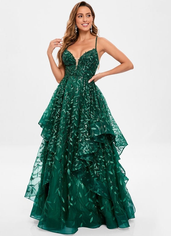 Princesse col v longueur ras du sol dentelle floral robe de bal avec paillettes - gallery 3
