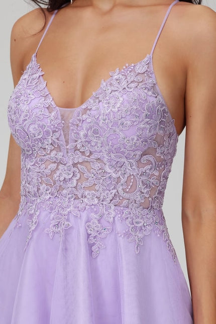 Trapèze col v court dentelle tulle robe de bal de promo avec perles - gallery 4
