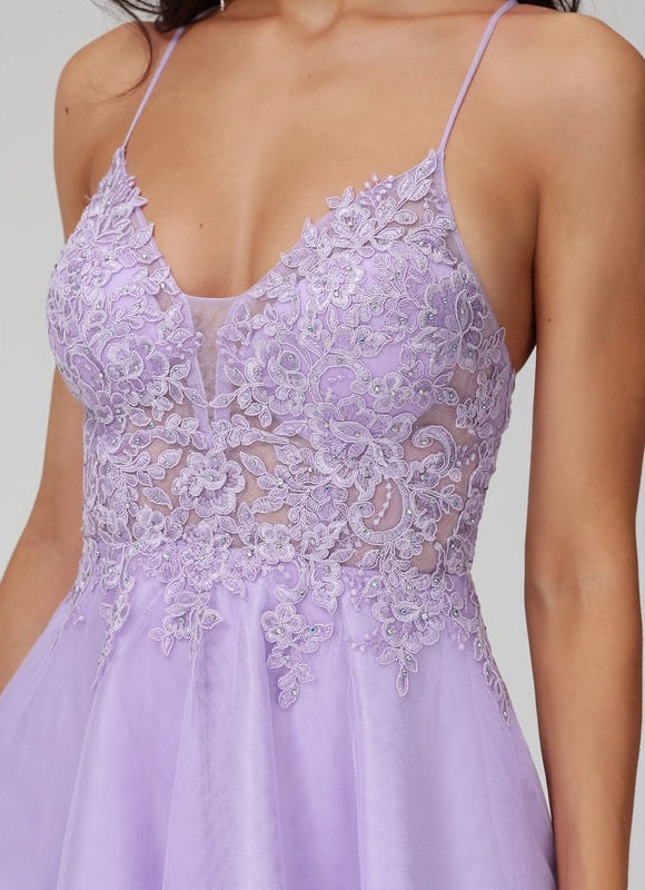 Trapèze col v court dentelle tulle robe de bal de promo avec perles - gallery 4