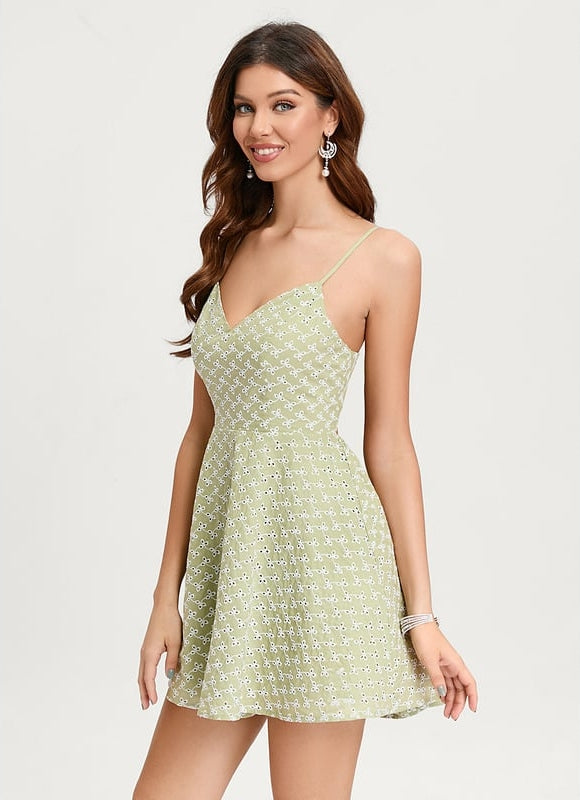 Trapèze col v mini coton robe de bal de promo avec nœud - gallery 1