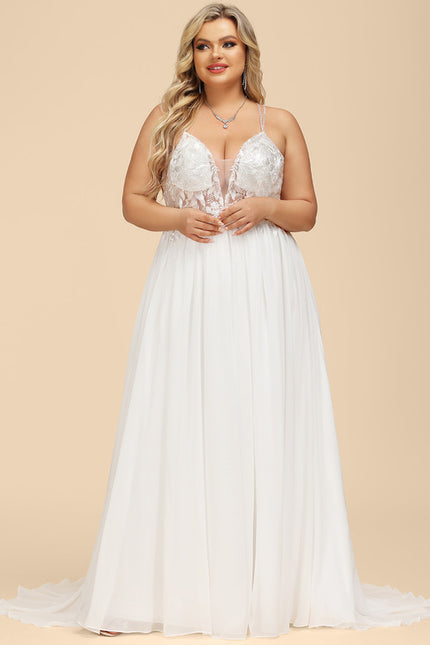 Trapèze col v traîne balayage mousseline dentelle robe de mariée avec perles paillettes - gallery 7