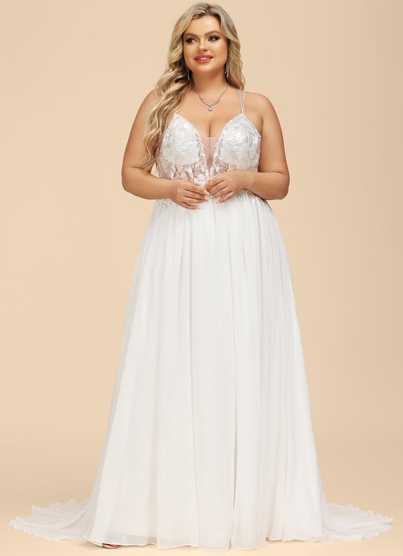 Trapèze col v traîne balayage mousseline dentelle robe de mariée avec perles paillettes - gallery 7