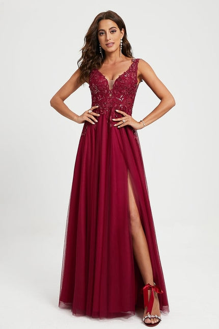 Princesse col v longueur ras du sol tulle dentelle robe de bal avec paillettes