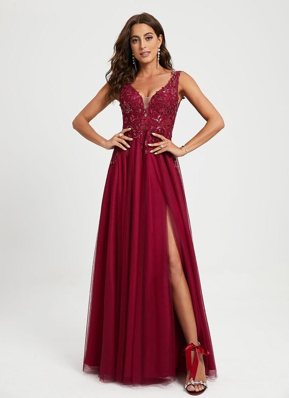 Princesse col v longueur ras du sol tulle dentelle robe de bal avec paillettes