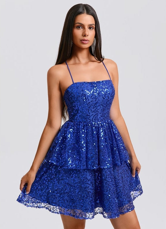 Trapèze col droit court paillette robe de bal de promo - gallery 3