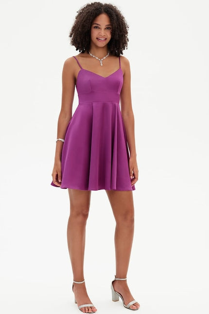 Trapèze col v mini satin de soie robe de bal de promo avec nœud - gallery 1