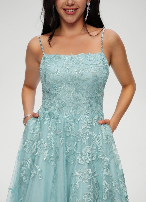Princesse col droit longueur ras du sol tulle robe de bal avec paillettes appliques de dentelle - gallery 4