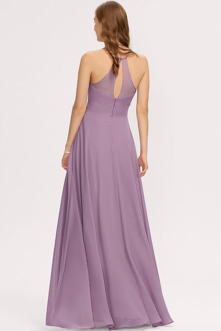 Trapèze col rond longueur ras du sol mousseline robe de demoiselle d'honneur - gallery 1