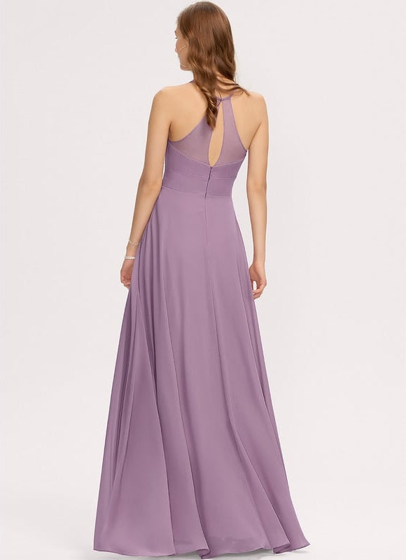 Trapèze col rond longueur ras du sol mousseline robe de demoiselle d'honneur - gallery 1