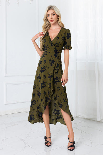 Robe jacquard col v trapèze polyester asymétrique midi