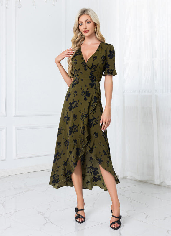 Robe jacquard col v trapèze polyester asymétrique midi
