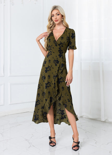 Robe jacquard col v trapèze polyester asymétrique midi