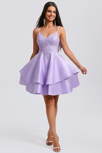 Trapèze col v court satin robe de bal de promo avec appliques de dentelle - gallery 4