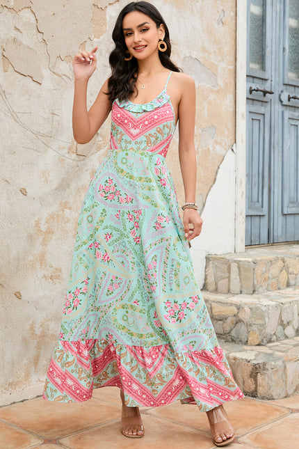 Robe imprimé fleur licou trapèze polyester maxi - gallery 4