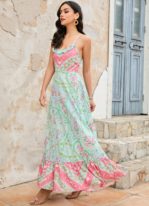 Robe imprimé fleur licou trapèze polyester maxi - gallery 2