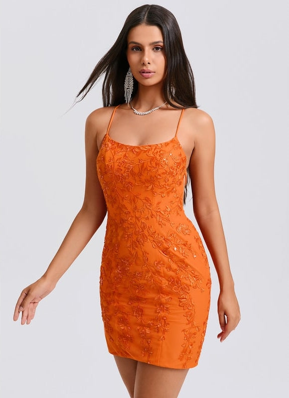Moulante col rond mini dentelle robe de bal de promo avec paillettes - gallery 1