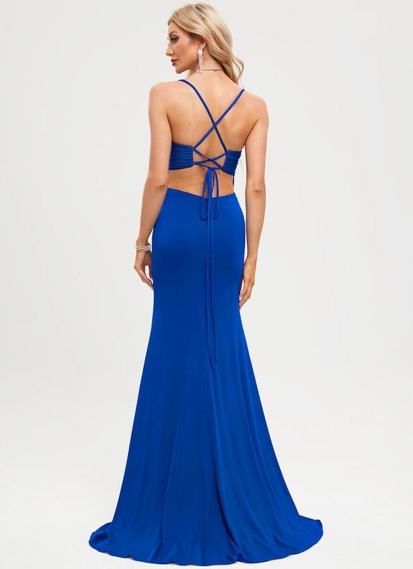 Sirène col v traîne balayage jersey robe de bal avec plissée - gallery 4
