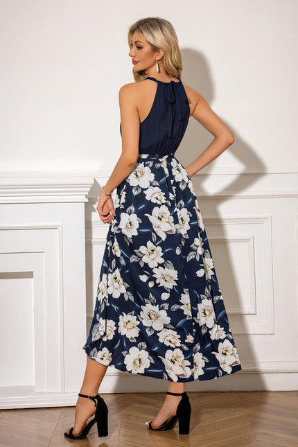 Robe imprimé fleur licou trapèze mousseline polyester asymétrique midi - gallery 1