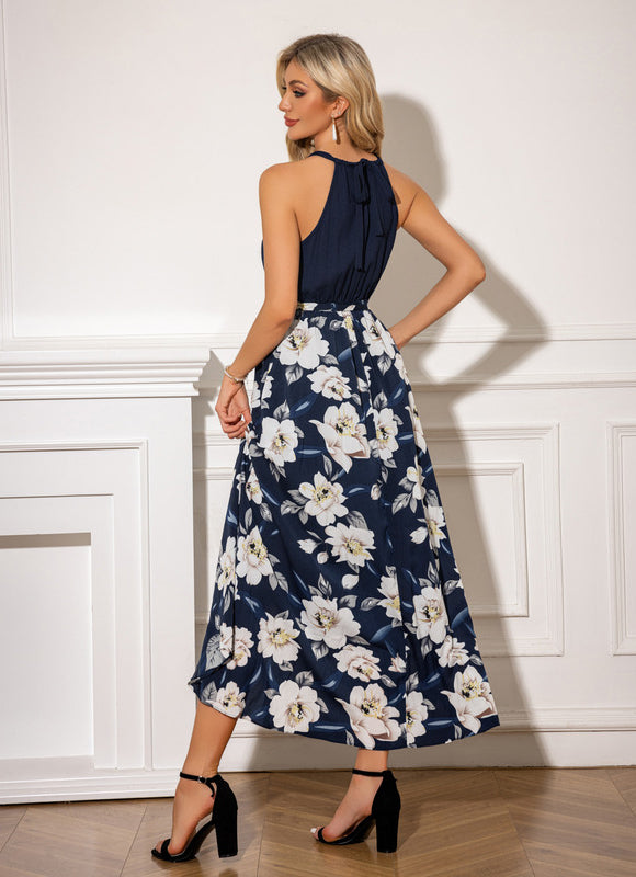 Robe imprimé fleur licou trapèze mousseline polyester asymétrique midi - gallery 1