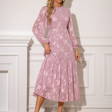 Robe à volants jacquard col rond trapèze mousseline midi