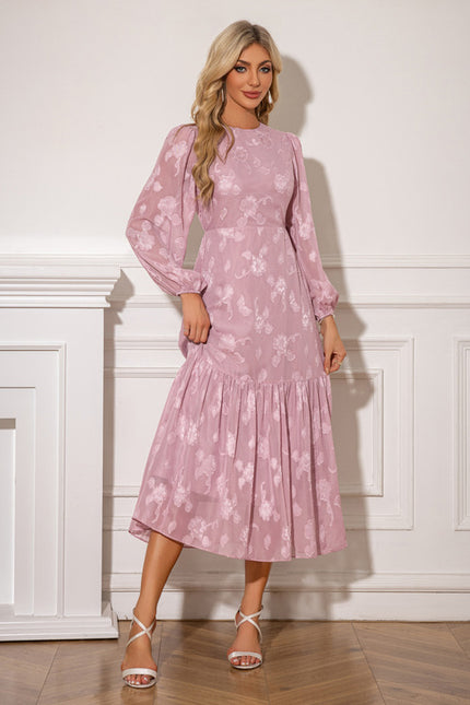 Robe à volants jacquard col rond trapèze mousseline midi