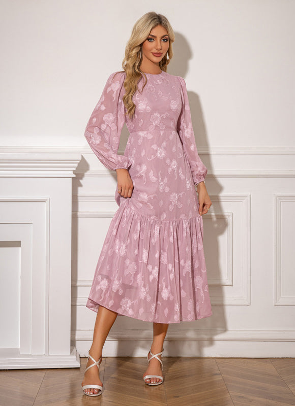 Robe à volants jacquard col rond trapèze mousseline midi