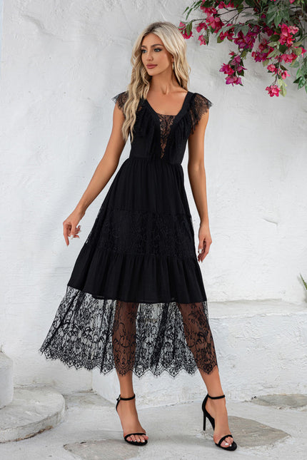 Robe à volants jacquard col v illusion trapèze dentelle polyester midi - gallery 1