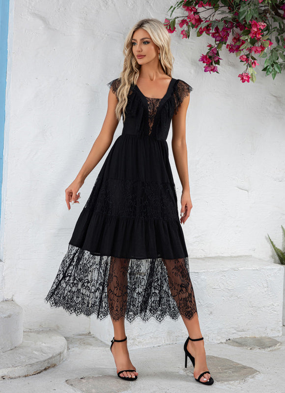 Robe à volants jacquard col v illusion trapèze dentelle polyester midi - gallery 1
