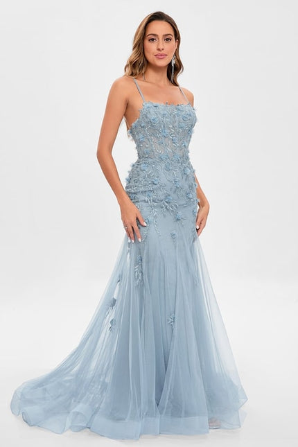 Sirène col droit traîne balayage tulle robe de bal avec fleurs - gallery 3