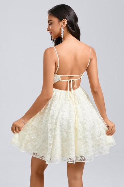 Trapèze col v court dentelle robe de bal de promo - gallery 4