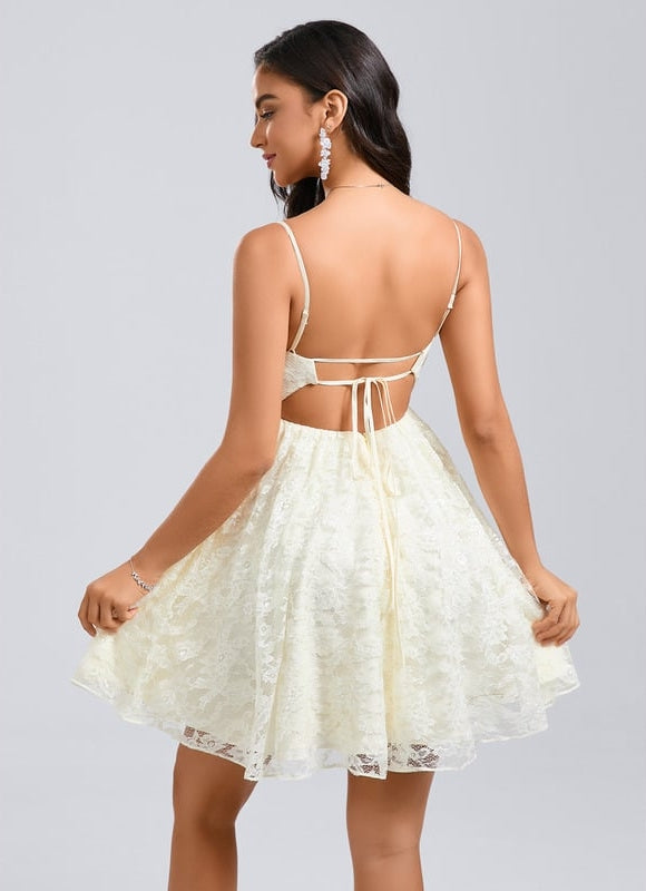 Trapèze col v court dentelle robe de bal de promo - gallery 4