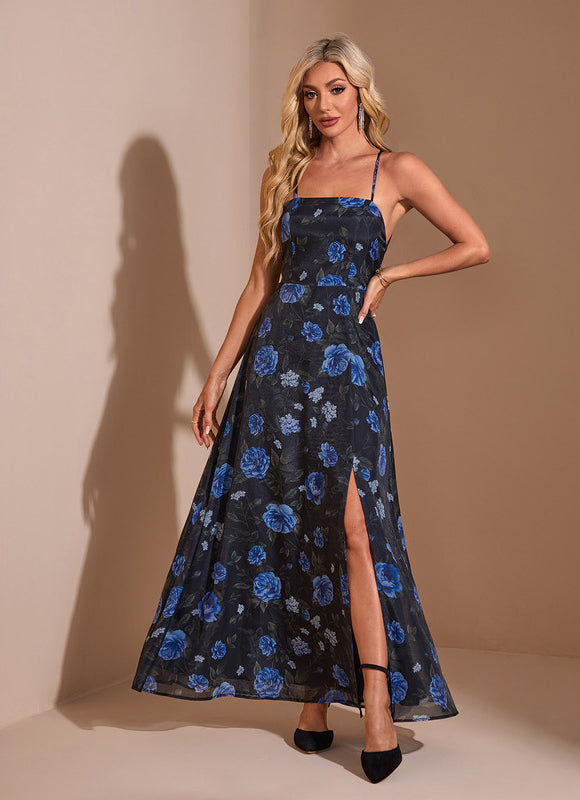 Robe imprimé fleur col carré trapèze organza maxi - gallery 3