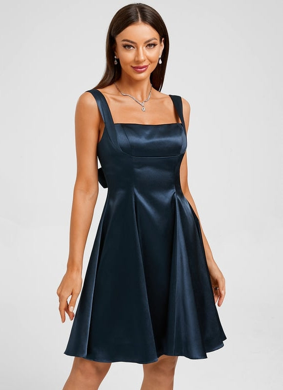 Trapèze col droit court satin extensible robe de bal de promo avec nœud - gallery 4