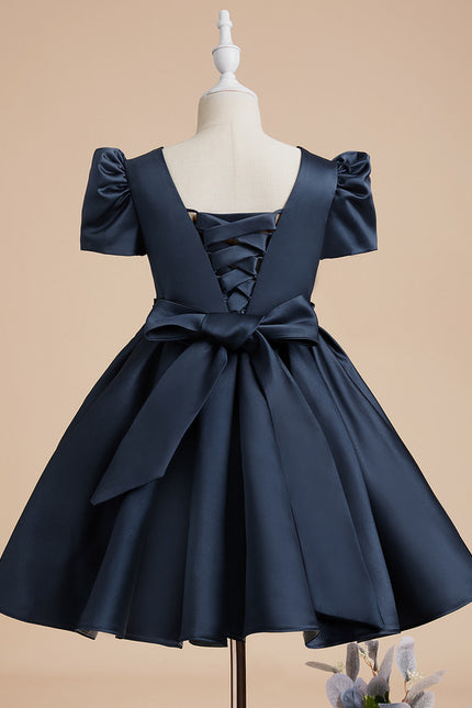 Trapèze col rond longueur genou satin robes fille mariage - gallery 2