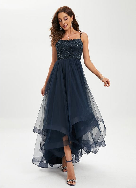 Princesse col rond asymétrique dentelle robe de bal avec paillettes