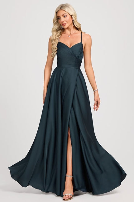 Trapèze col v longueur ras du sol satin mat robe de bal avec plissée