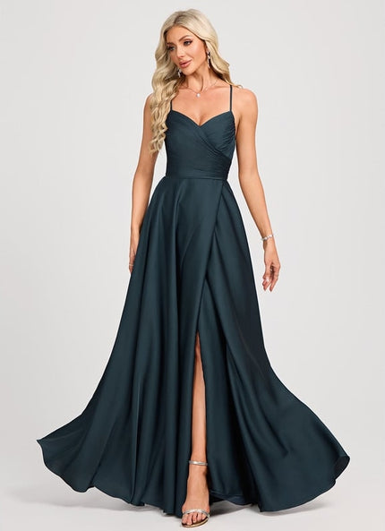 Trapèze col v longueur ras du sol satin mat robe de bal avec plissée