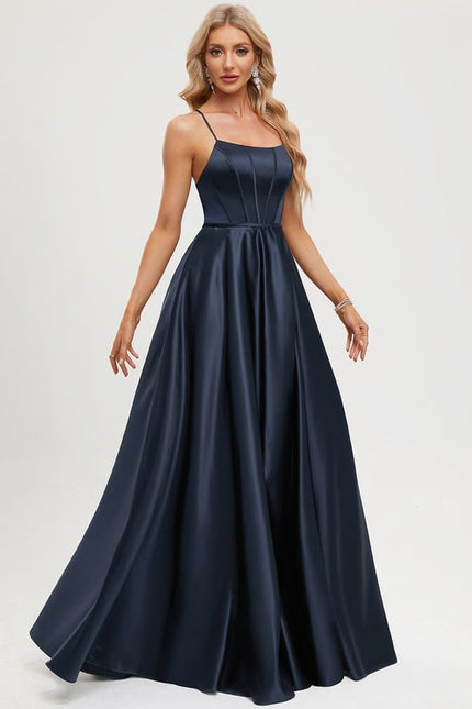 Trapèze col rond longueur ras du sol satin robe de bal - gallery 1