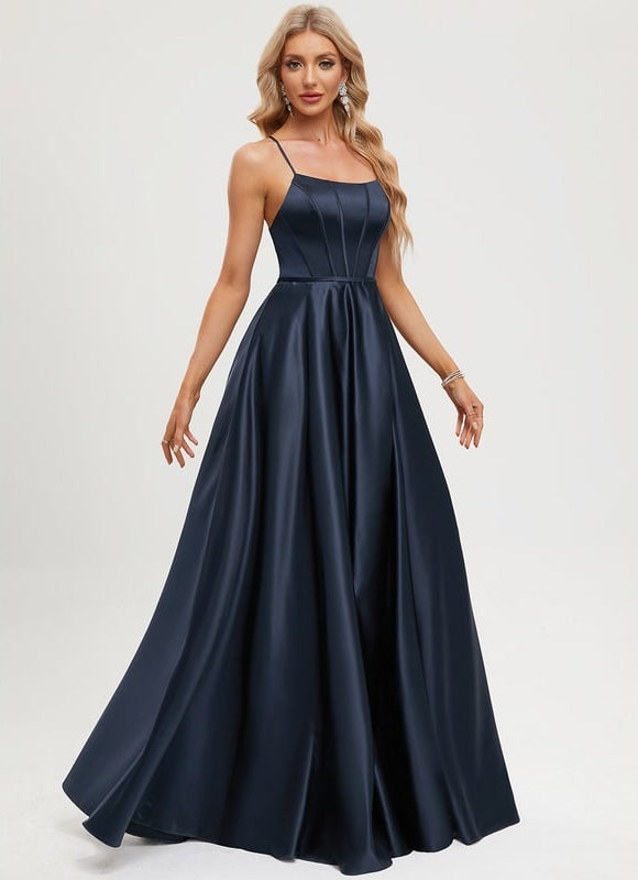 Trapèze col rond longueur ras du sol satin robe de bal - gallery 1