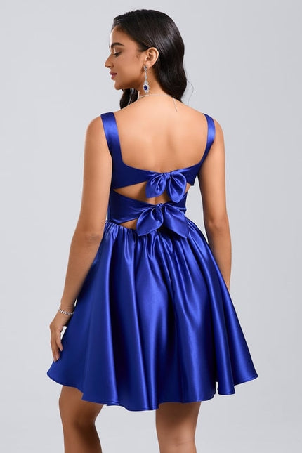 Trapèze col carré court satin robe de bal de promo avec nœud - gallery 5