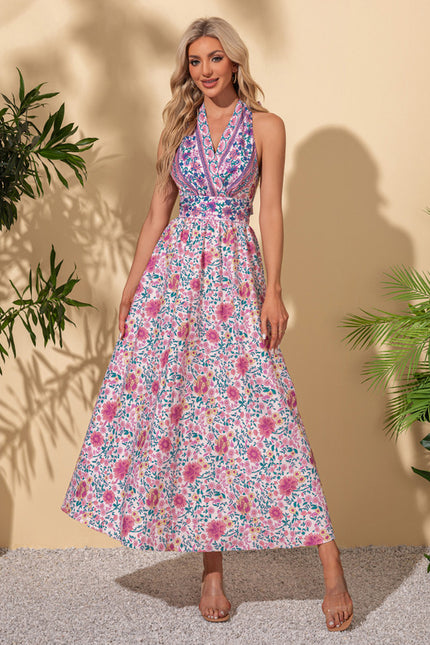 Robe imprimé fleur licou trapèze polyester maxi - gallery 4