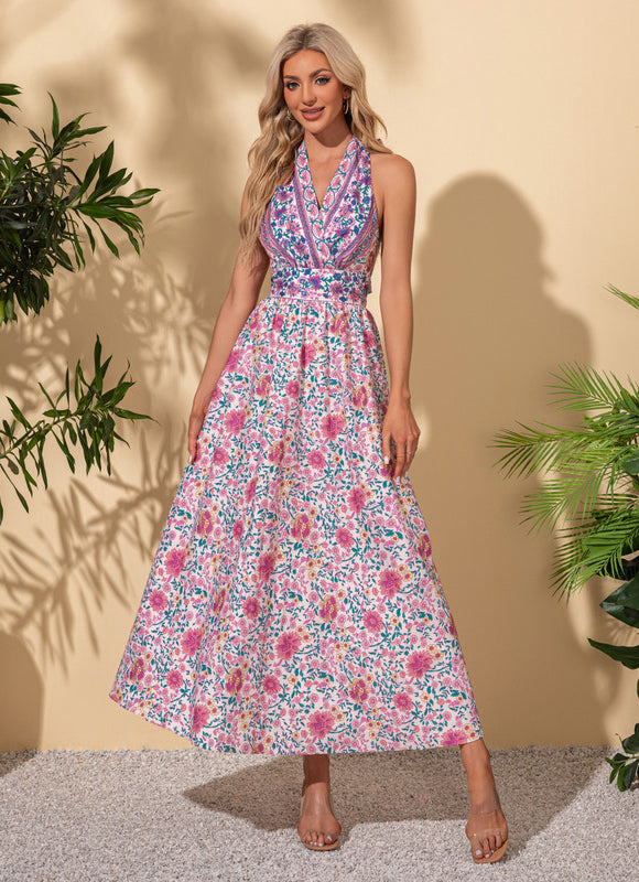 Robe imprimé fleur licou trapèze polyester maxi - gallery 4