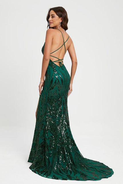 Sirène col rond traîne balayage paillette robe de bal avec paillettes - gallery 4