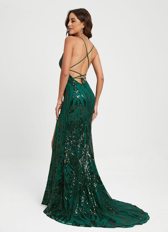Sirène col rond traîne balayage paillette robe de bal avec paillettes - gallery 4