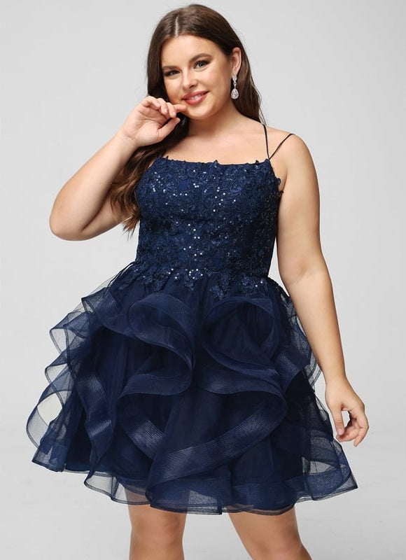 Princesse col rond court tulle dentelle robe de bal de promo avec paillettes - gallery 9