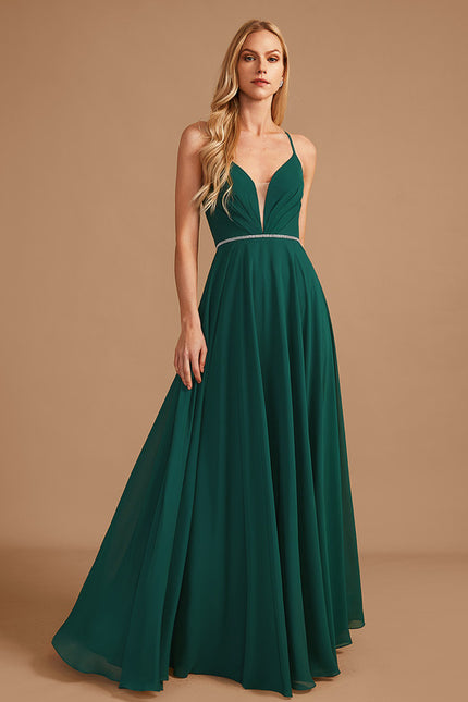 Trapèze col v longueur ras du sol mousseline robe de demoiselle d'honneur avec perles - gallery 1