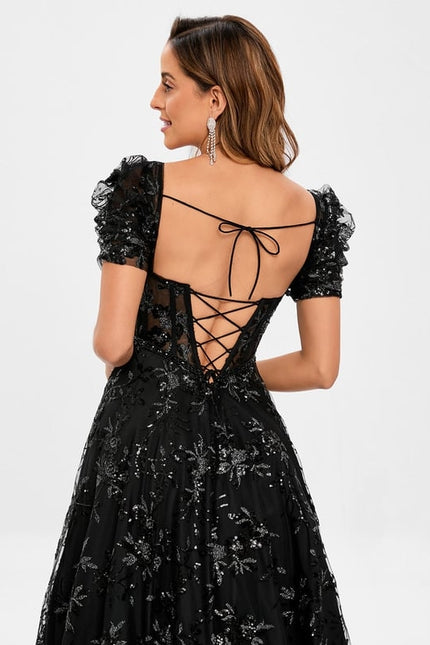 Trapèze col v traîne balayage floral dentelle robe de bal avec paillettes - gallery 4