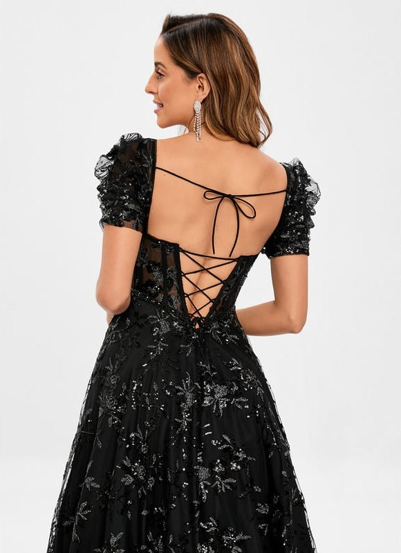 Trapèze col v traîne balayage floral dentelle robe de bal avec paillettes - gallery 4