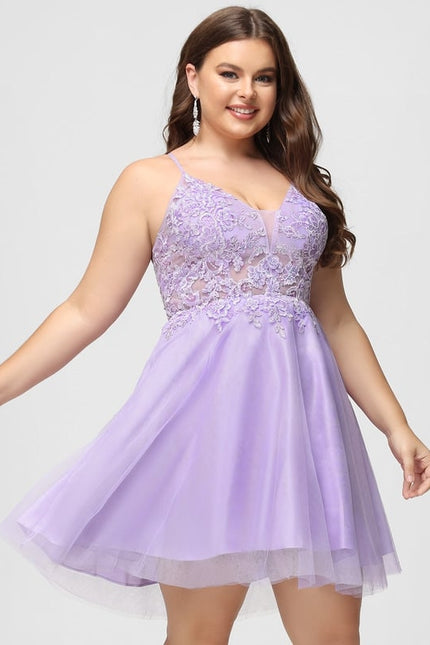 Trapèze col v court dentelle tulle robe de bal de promo avec perles - gallery 9